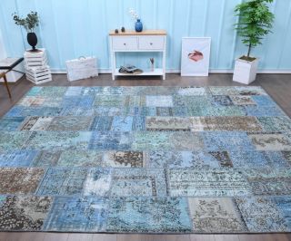 Vintage Patchwork Blue Oversized Area Rug - Thumbnail