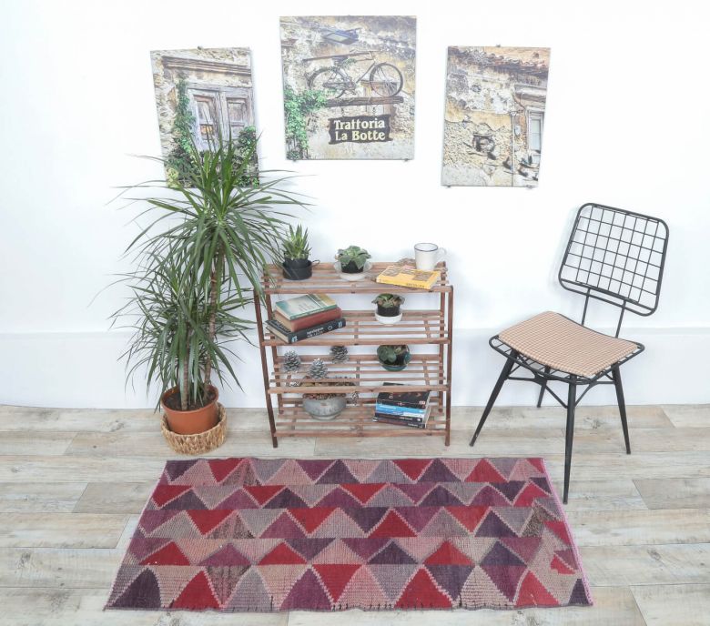 2x5 Vintage Triangular Pink-Lavender Handmade Anatolian Small Rug