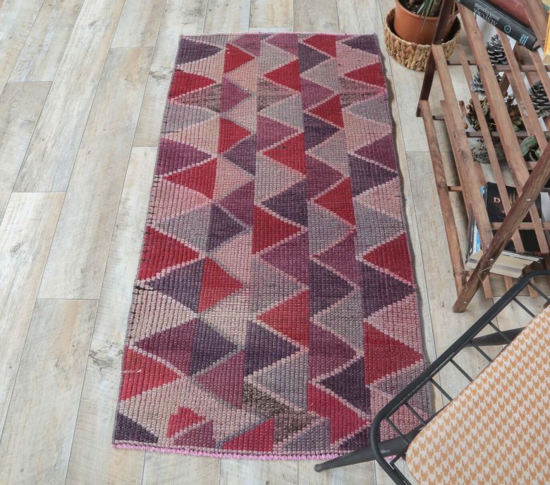 2x5 Vintage Triangular Pink-Lavender Handmade Anatolian Small Rug