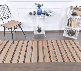 2x7 Vintage Beige Striped Kilim Runner - Thumbnail