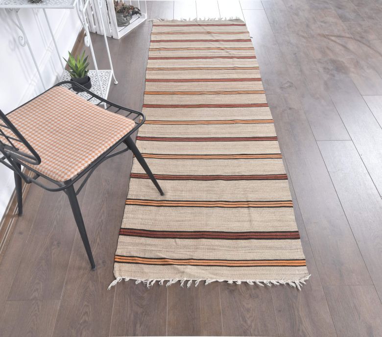 2x7 Vintage Beige Striped Kilim Runner