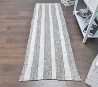 2x8 Vintage Kilim White Striped Runner Rug - Thumbnail