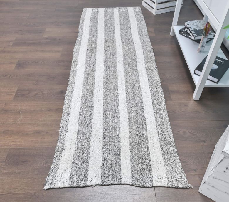 2x8 Vintage Kilim White Striped Runner Rug