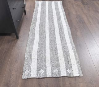 2x8 Vintage Kilim White Striped Runner Rug - Thumbnail