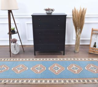 3x10 Pastel Blue Vintage Runner Rug - Thumbnail