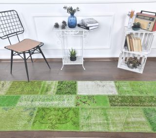 3x13 Vintage Patchwork Green Overdyed Rug Runner - Thumbnail
