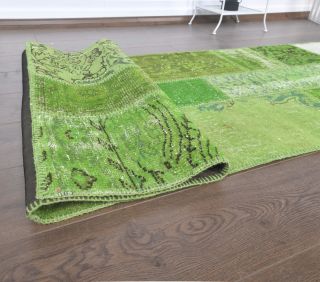 3x13 Vintage Patchwork Green Overdyed Rug Runner - Thumbnail