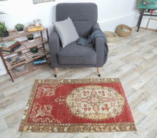 3x4 Vintage Handmade Red Beige Small Rug - Thumbnail