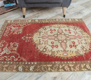 3x4 Vintage Handmade Red Beige Small Rug