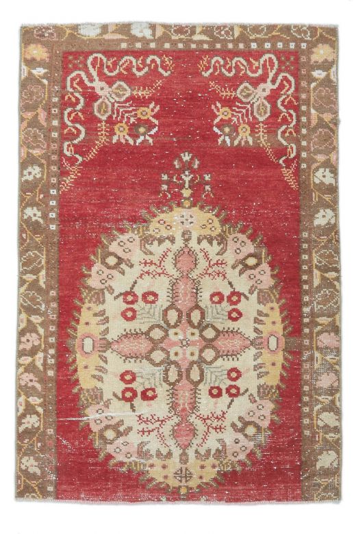 3x4 Vintage Handmade Red Beige Small Anatolian Rug