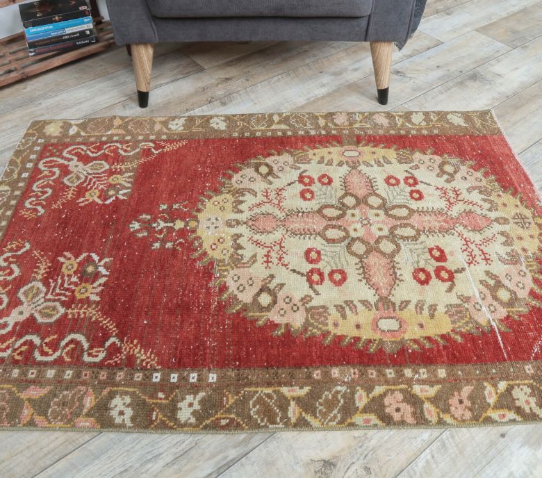 3x4 Vintage Handmade Red Beige Small Anatolian Rug