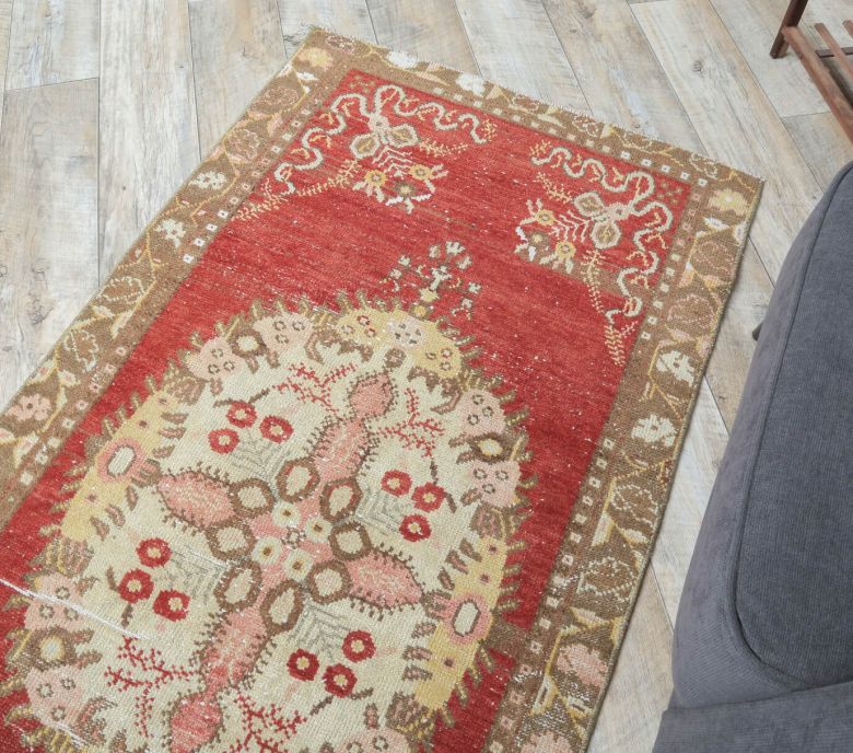 3x4 Vintage Handmade Red Beige Small Anatolian Rug