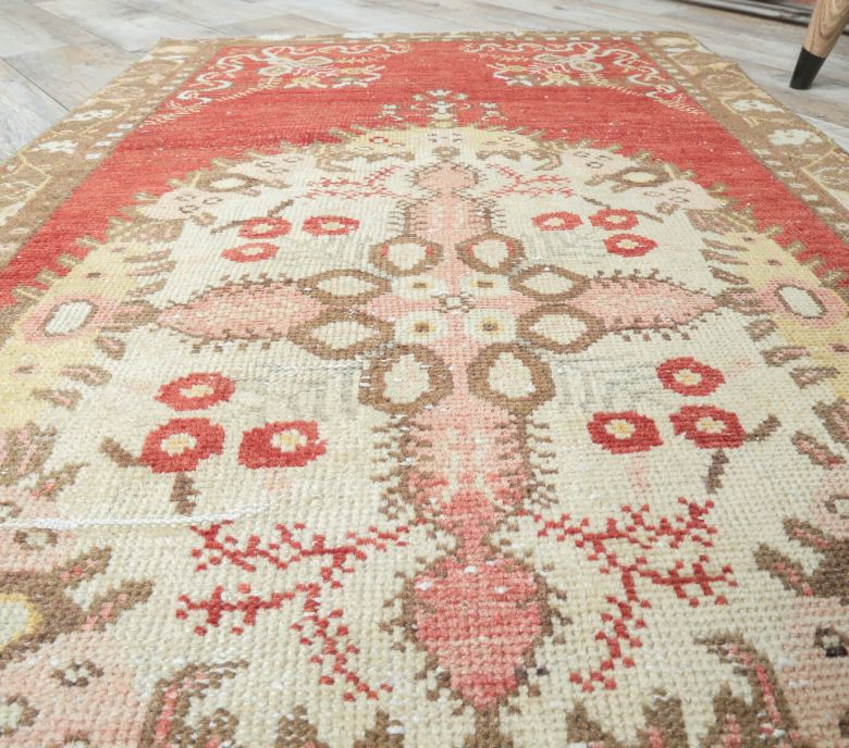3x4 Vintage Handmade Red Beige Small Anatolian Rug