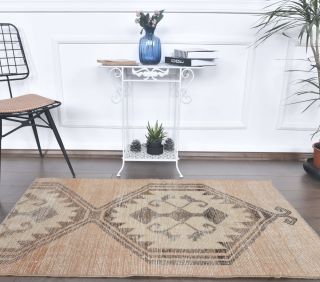 3x5 Vintage Beige Diamond Handmade Small Area Rug - Thumbnail