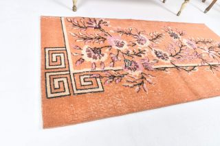 3x5 Vintage Orange Floral Handmade Small Area Rug - Thumbnail