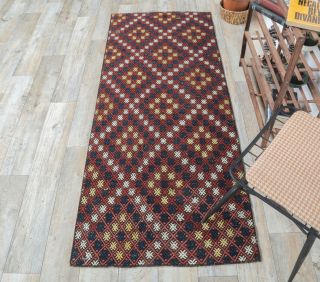 3x7 Vintage Handwoven Jajim Checkered Rug Runner - Thumbnail