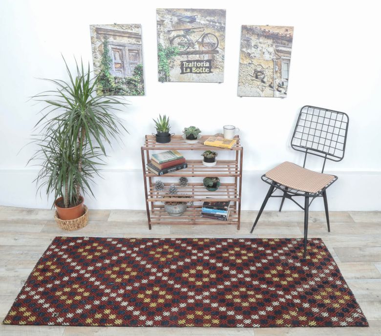 3x7 Vintage Handwoven Jajim Checkered Anatolian Rug Runner