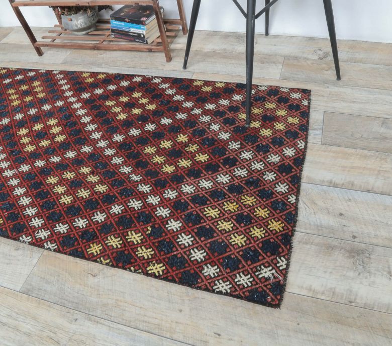 3x7 Vintage Handwoven Jajim Checkered Anatolian Rug Runner