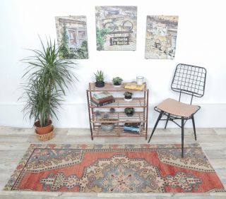 3x7 Vintage Handwoven Red Oriental Anatolian Rug Runner - Thumbnail