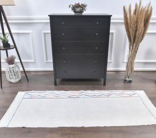 Vintage White Kilim Runner Rug - Thumbnail