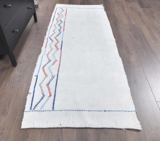 Vintage White Kilim Runner Rug - Thumbnail