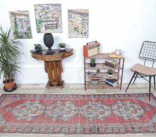 3x9 Vintage Handwoven Red Runner Rug - Thumbnail