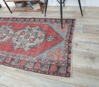 3x9 Vintage Handwoven Red Runner Rug - Thumbnail