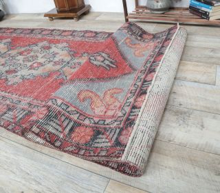 3x9 Vintage Handwoven Red Runner Rug - Thumbnail