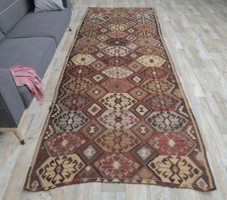 4x12 Vintage Handwoven Brown Kilim Runner - Thumbnail