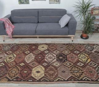 4x12 Vintage Handwoven Brown Kilim Runner - Thumbnail