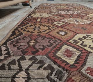 4x12 Vintage Handwoven Brown Kilim Runner - Thumbnail