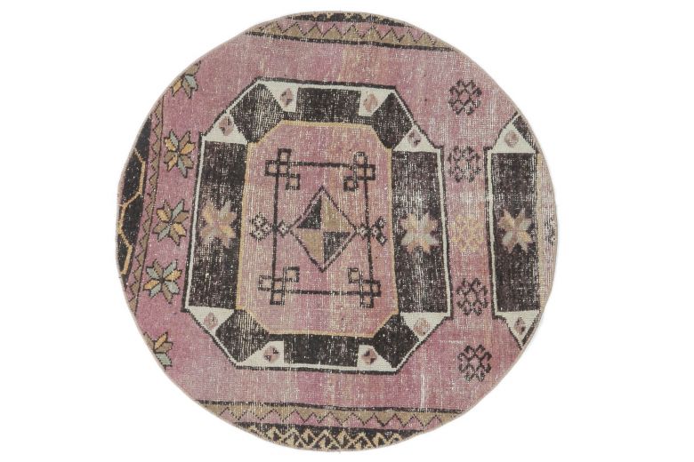 4x4 Vintage Handmade Pink-Purple Tribal Round Rug