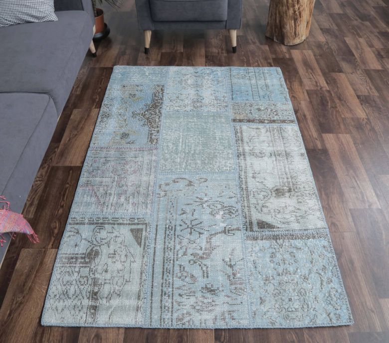 4x6 Vintage Handmade Overdyed Patchwork Blue Area Rug