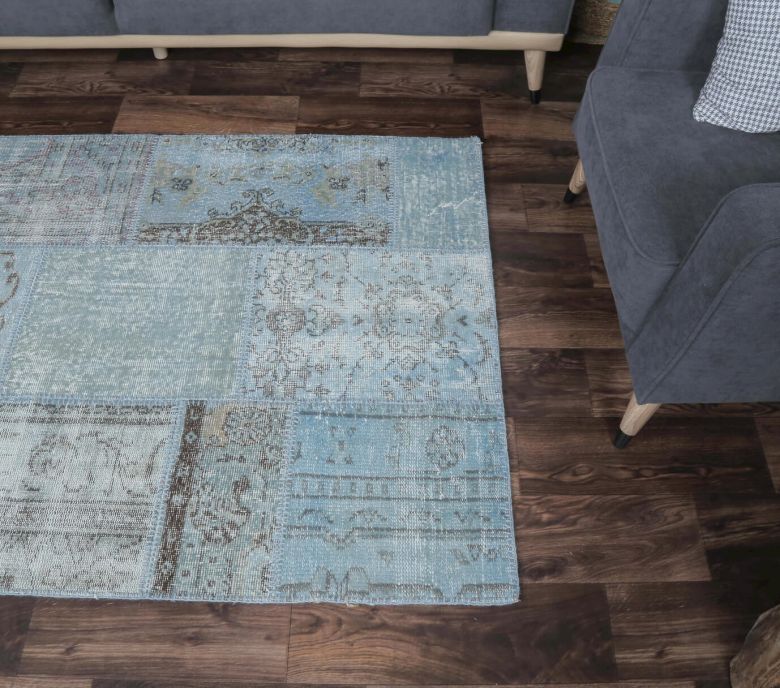 4x6 Vintage Handmade Overdyed Patchwork Blue Area Rug