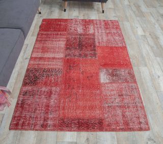 4x6 Vintage Overdyed Patchwork Red Area Rug - Thumbnail