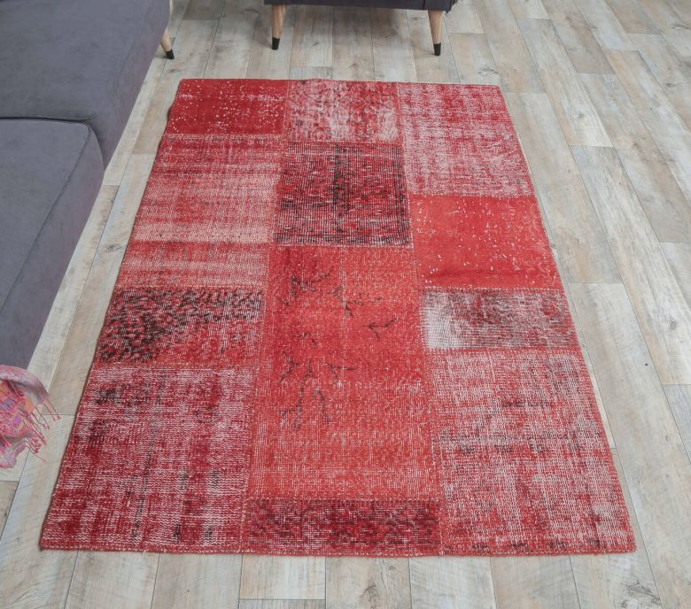 4x6 Vintage Overdyed Patchwork Red Area Rug