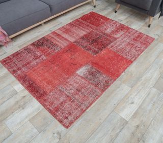 4x6 Vintage Overdyed Patchwork Red Area Rug - Thumbnail