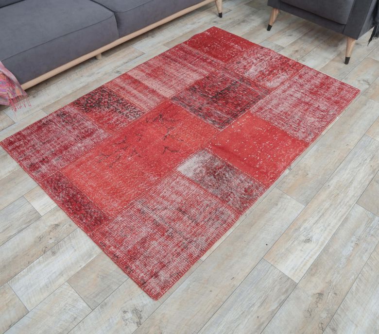 4x6 Vintage Overdyed Patchwork Red Area Rug