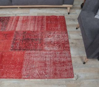4x6 Vintage Overdyed Patchwork Red Area Rug - Thumbnail