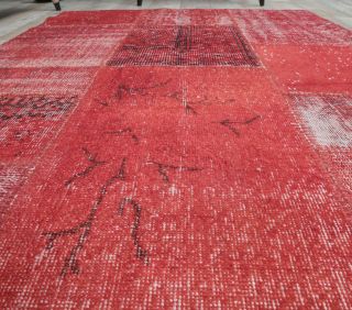 4x6 Vintage Overdyed Patchwork Red Area Rug - Thumbnail