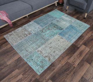 4x6 Vintage Patchwork Blue-Turquoise Area Rug - Thumbnail