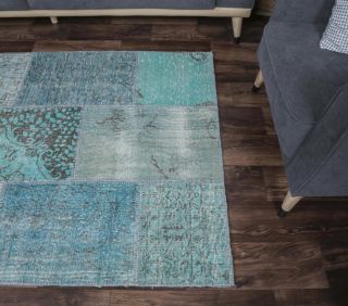 4x6 Vintage Patchwork Blue-Turquoise Area Rug - Thumbnail