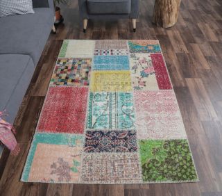 4x6 Vintage Patchwork Colorful Handmade Area Rug - Thumbnail