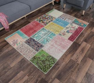 4x6 Vintage Patchwork Colorful Handmade Area Rug - Thumbnail