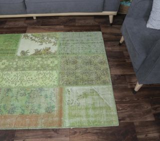 4x6 Vintage Patchwork Green Area Rug - Thumbnail