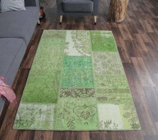 4x6 Vintage Patchwork Green Handmade Area Rug - Thumbnail