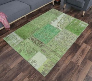 4x6 Vintage Patchwork Green Handmade Area Rug - Thumbnail