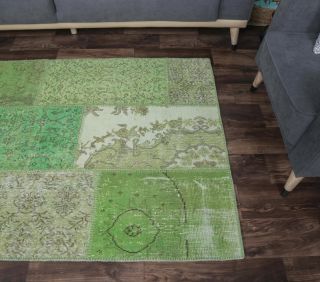 4x6 Vintage Patchwork Green Handmade Area Rug - Thumbnail