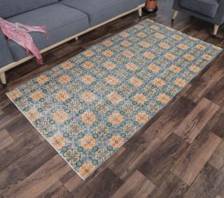 4x7 Vintage Handmade Area Retro Floral Rug - Thumbnail