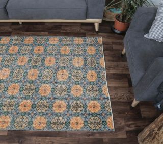 4x7 Vintage Handmade Area Retro Floral Rug - Thumbnail